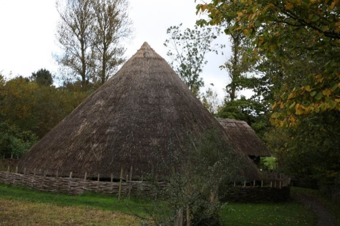 A thatched roof house in the woods
Description automatically generated